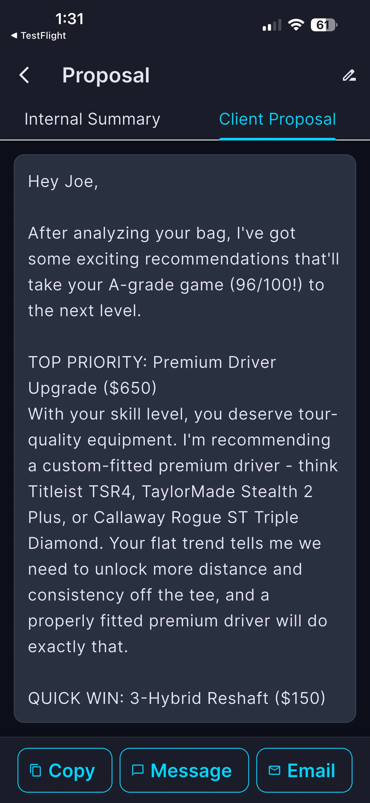 Client Proposal tab showing a ready-to-send client message with priced recommendations