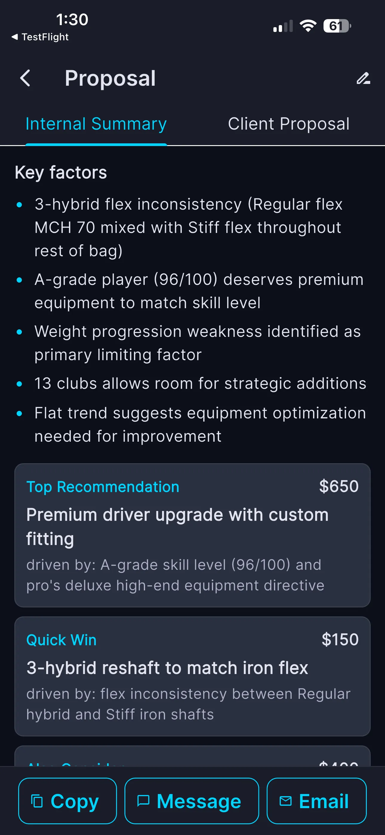 Proposal internal summary with key factors and priced recommendation cards