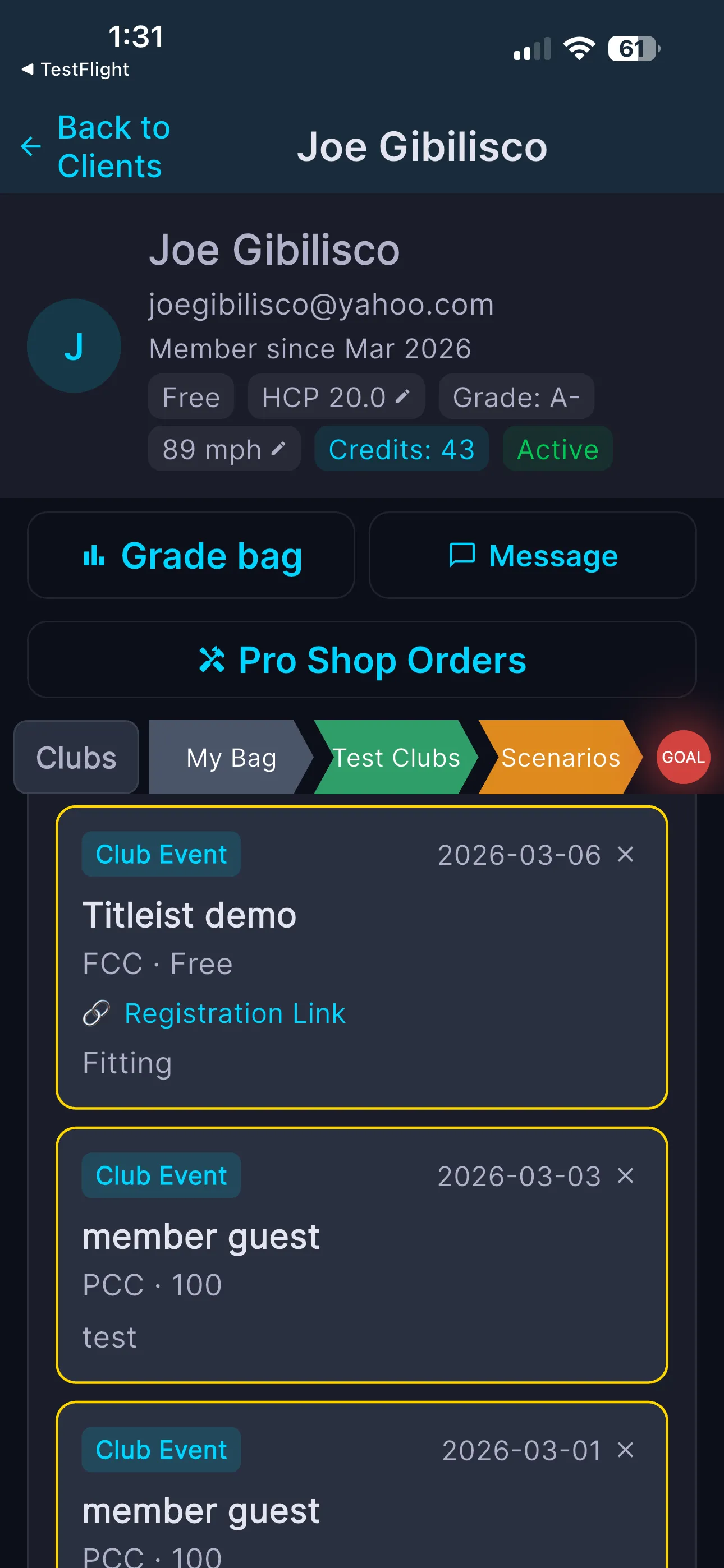 Full client detail with Grade bag, Message, Pro Shop Orders and bag tabs