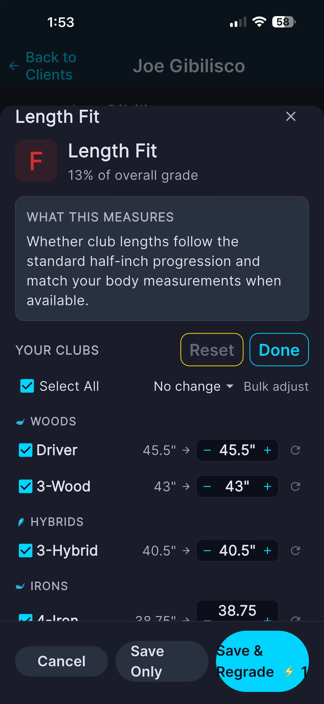 Length Fit factor in Edit mode with per-club steppers and Save and Regrade