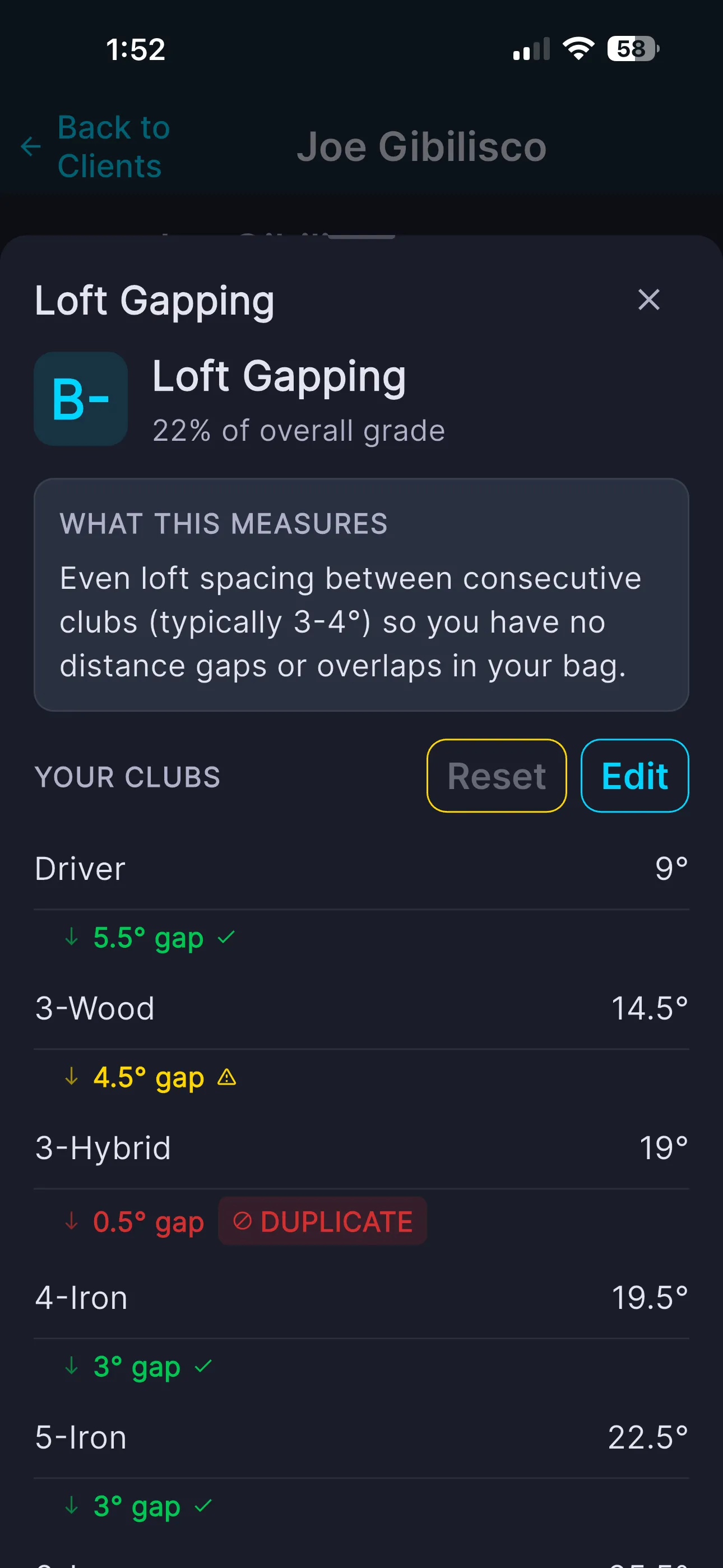 Loft Gapping factor showing per-club gaps and flags