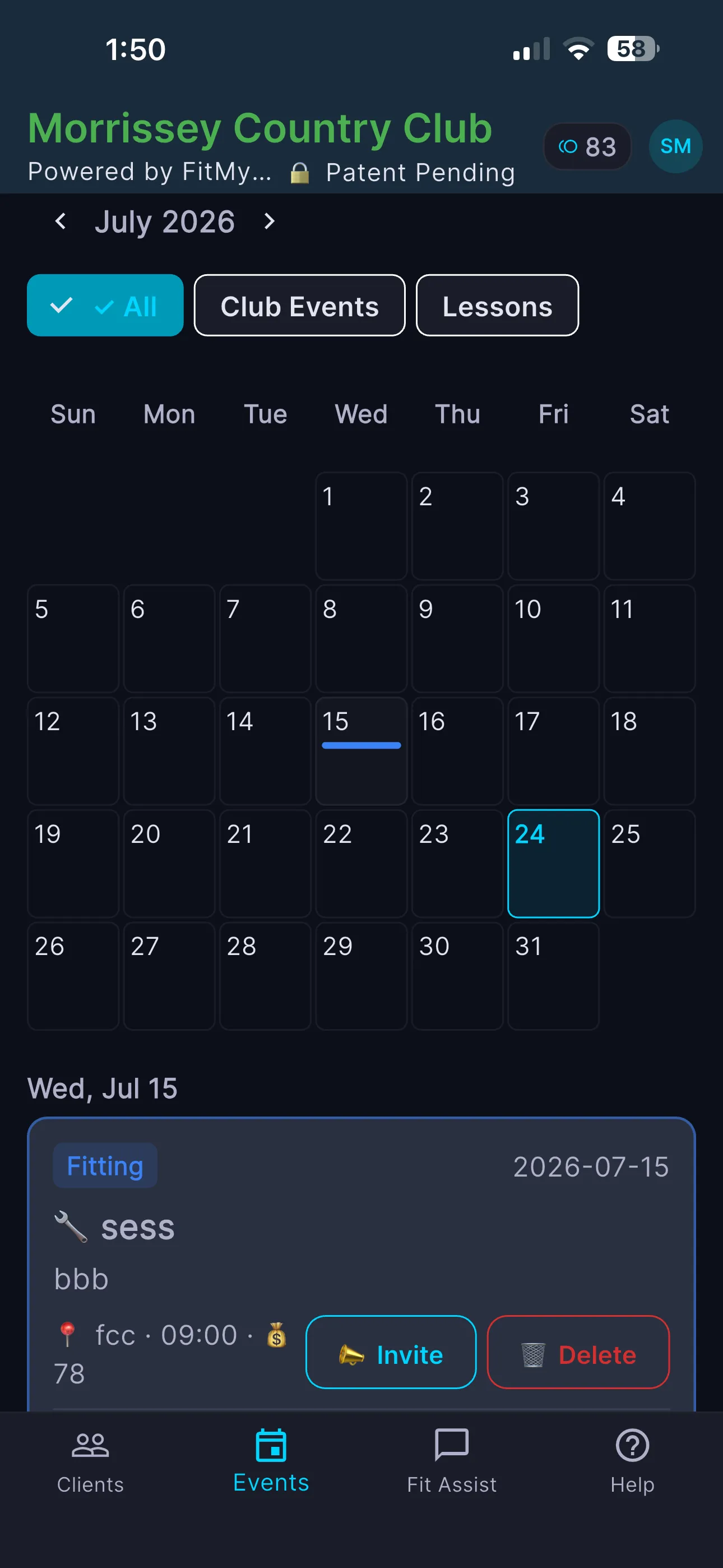 Calendar month grid view with colored event bars