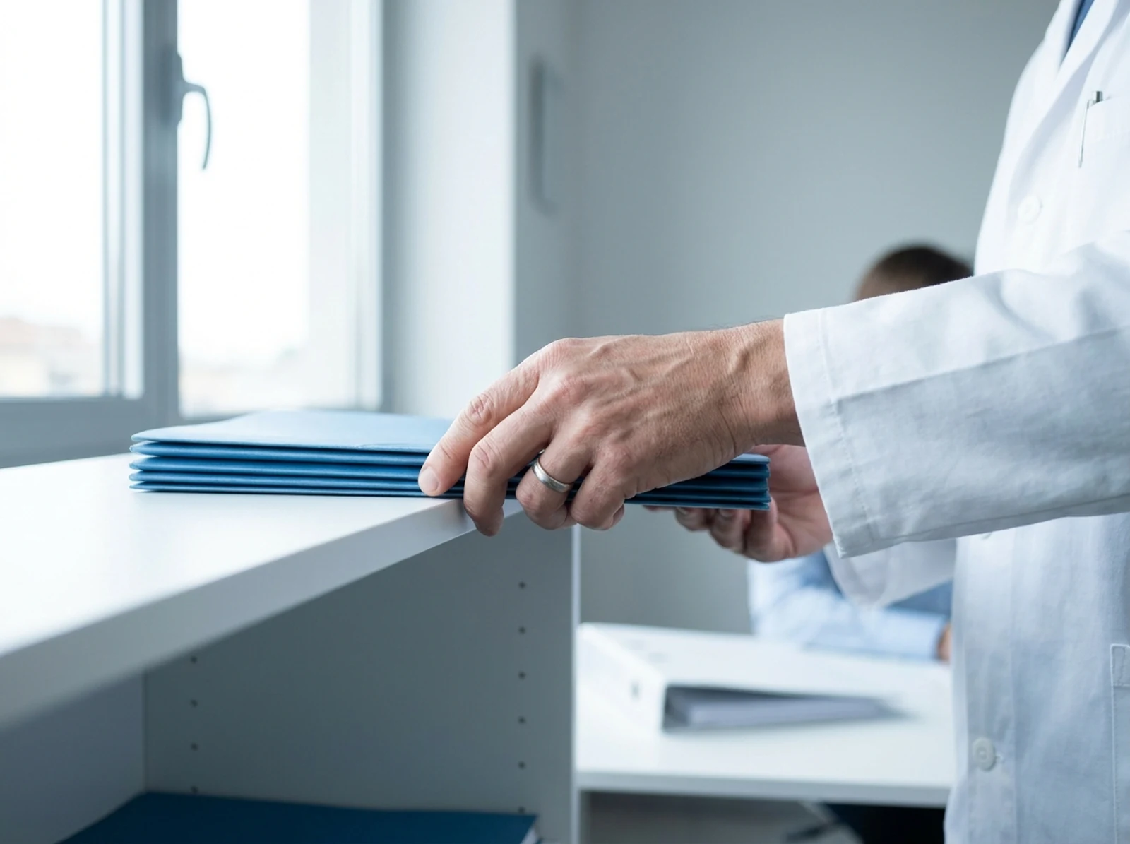 Mani di un medico in camice che appoggiano una pila di cartelline blu su uno scaffale bianco, in un ufficio luminoso: il passaggio delle pratiche di invalidità civile alla valutazione di base nazionale dal 2027