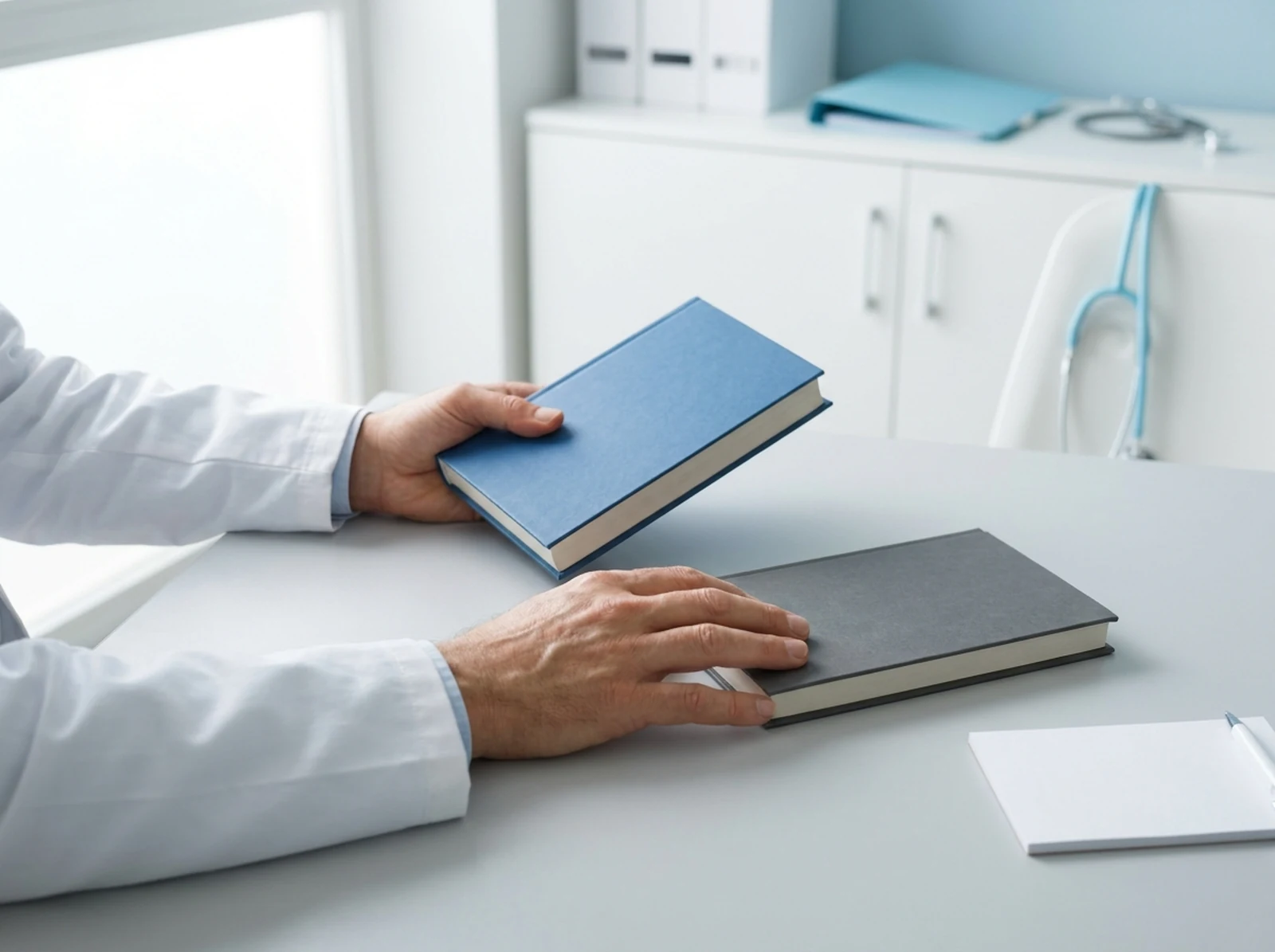 Mani di un medico legale in camice che confrontano due volumi chiusi, uno blu e uno grigio, sulla scrivania: la scelta del barème per la valutazione delle menomazioni macropermanenti