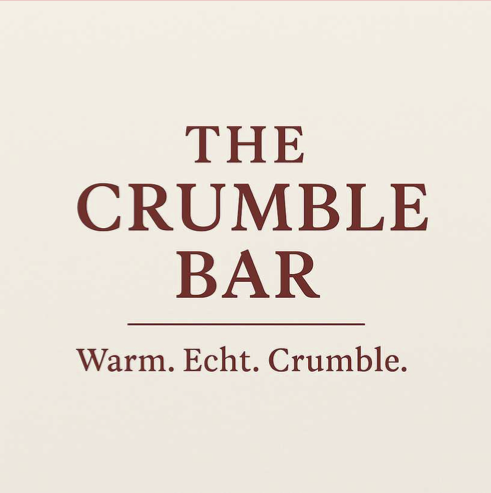 Logo with text 'THE CRUMBLE BAR' and slogan 'Warm. Echt. Crumble.' in brown on a beige background.
