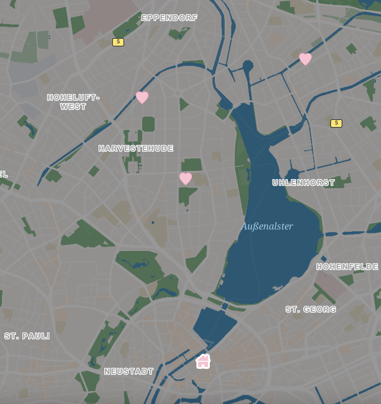 A map of the city center in Hamburg. Little pink hearts across the map showing the spots where The Crumble Bar Hamburg is located.