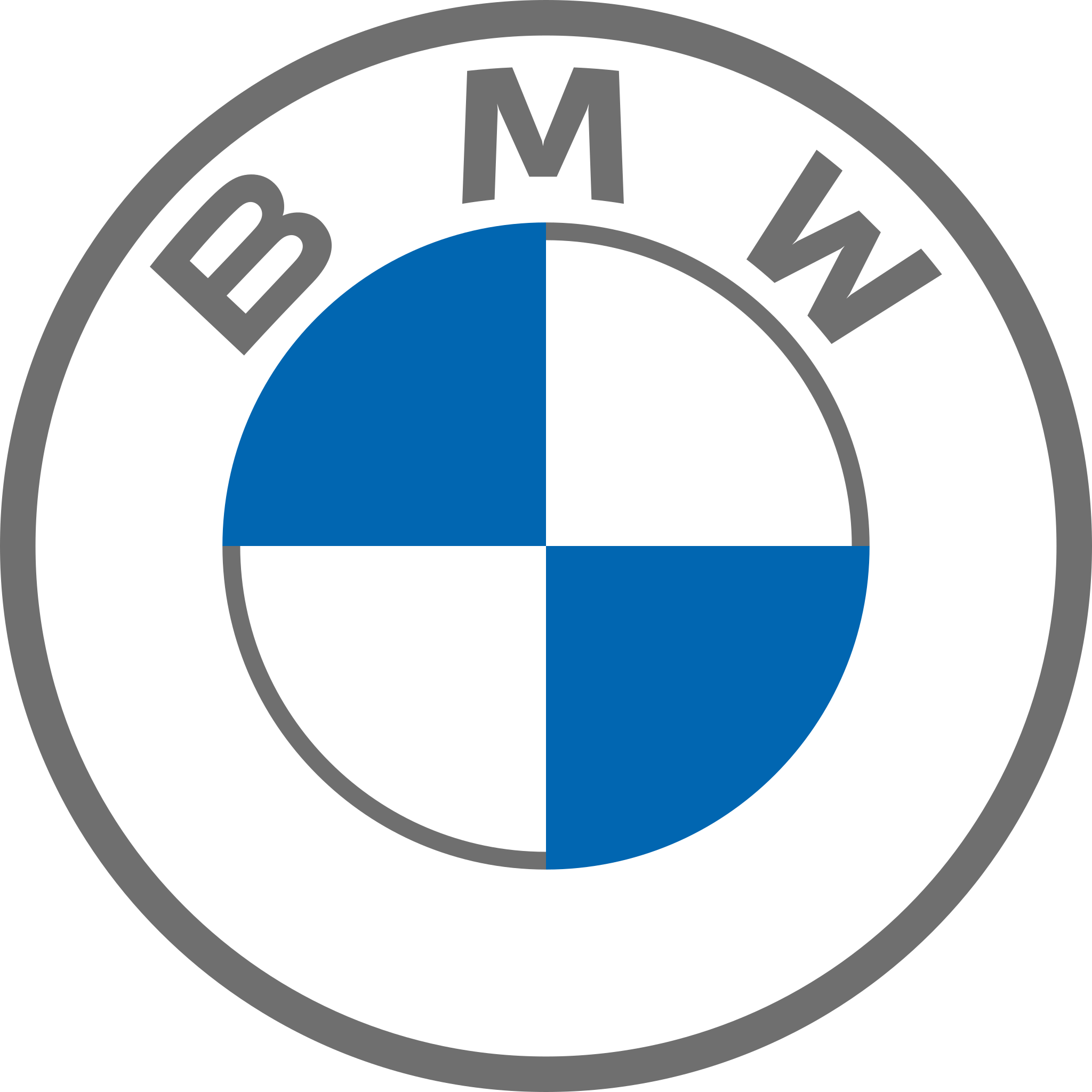 BMW logo featuring a circle divided into four quadrants with alternating blue and white colors, surrounded by a black ring with gray letters B, M, and W.