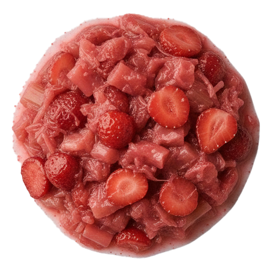 Close-up of strawberry and rhubarb compote with chunks of fruit in a red syrup.