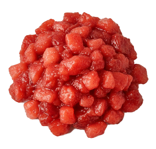 Close-up of a pile of small, cubed red fruit pieces on a white surface.