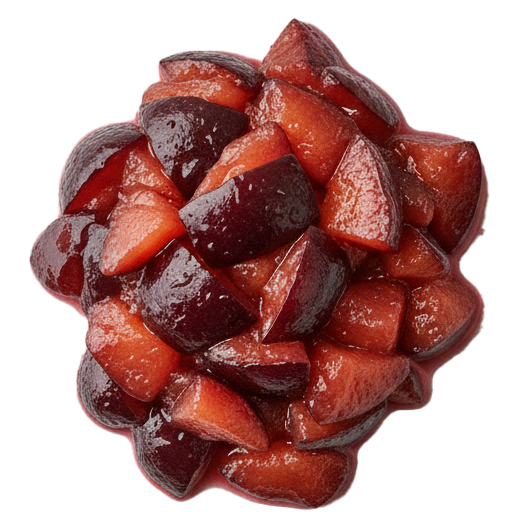 Close-up of glazed plum compote with dark red and orange plum pieces on a white surface.