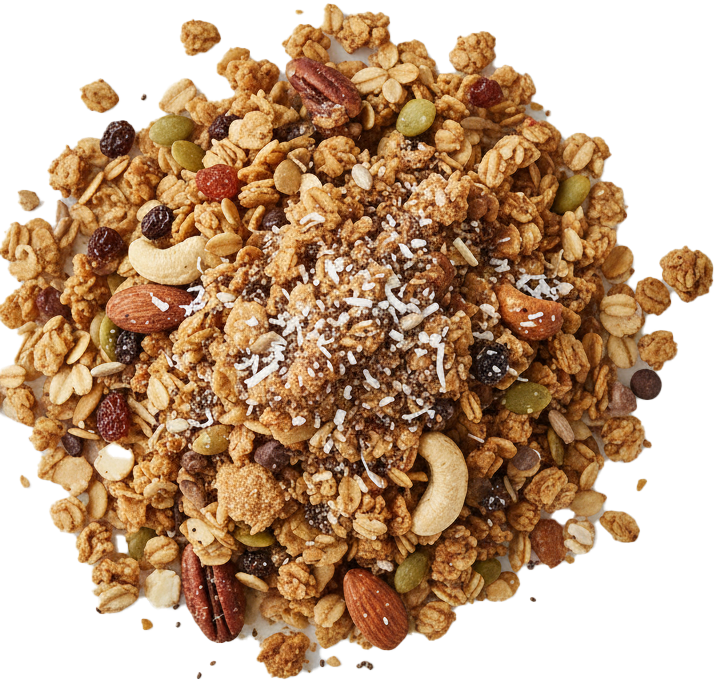 Close-up of a pile of granola with nuts, seeds, dried berries, and clusters sprinkled with shredded coconut on a white surface.