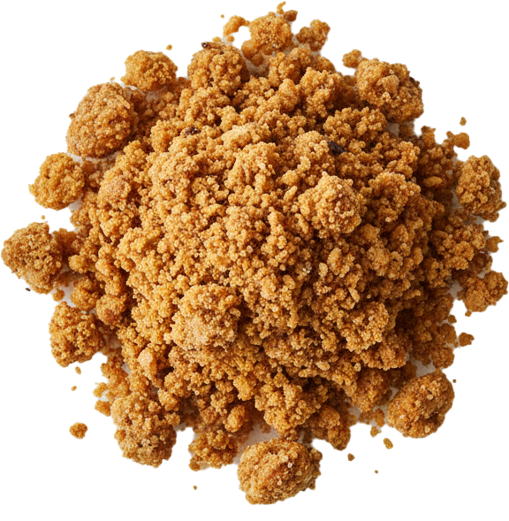 Close-up of golden brown streusel topping crumbs scattered on a white surface.