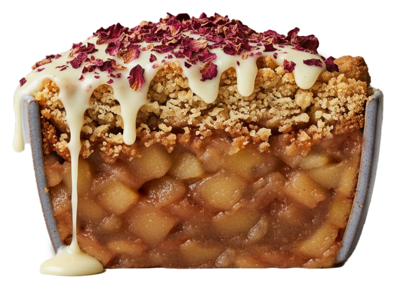 Close-up of a slice of apple crumble with a crumbly topping, creamy white sauce dripping down, and sprinkled rose petals on top.