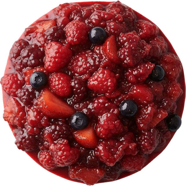 Close-up top view of a berry compote with raspberries, strawberries, and blueberries in syrup.