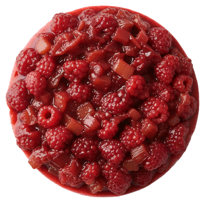 Close-up of a bowl filled with glossy raspberry and rhubarb compote.