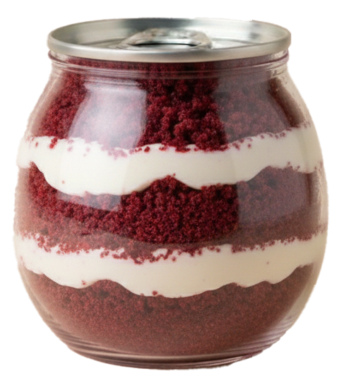 Glass jar with layers of red velvet cake crumbs and white cream, sealed with a metal pull-tab lid.