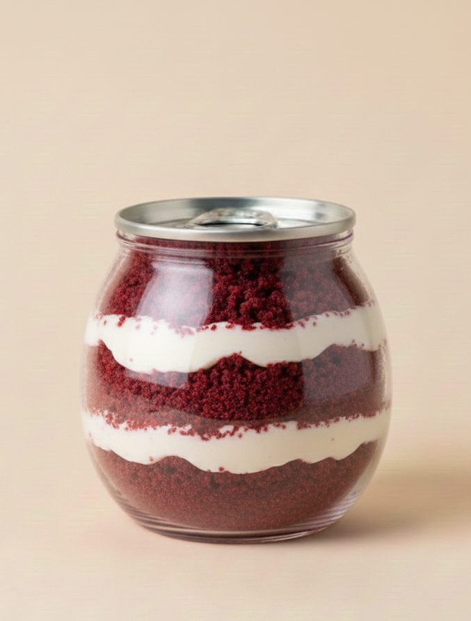 Glass jar with layered red velvet crumbs and white cream, sealed with a metal can lid.