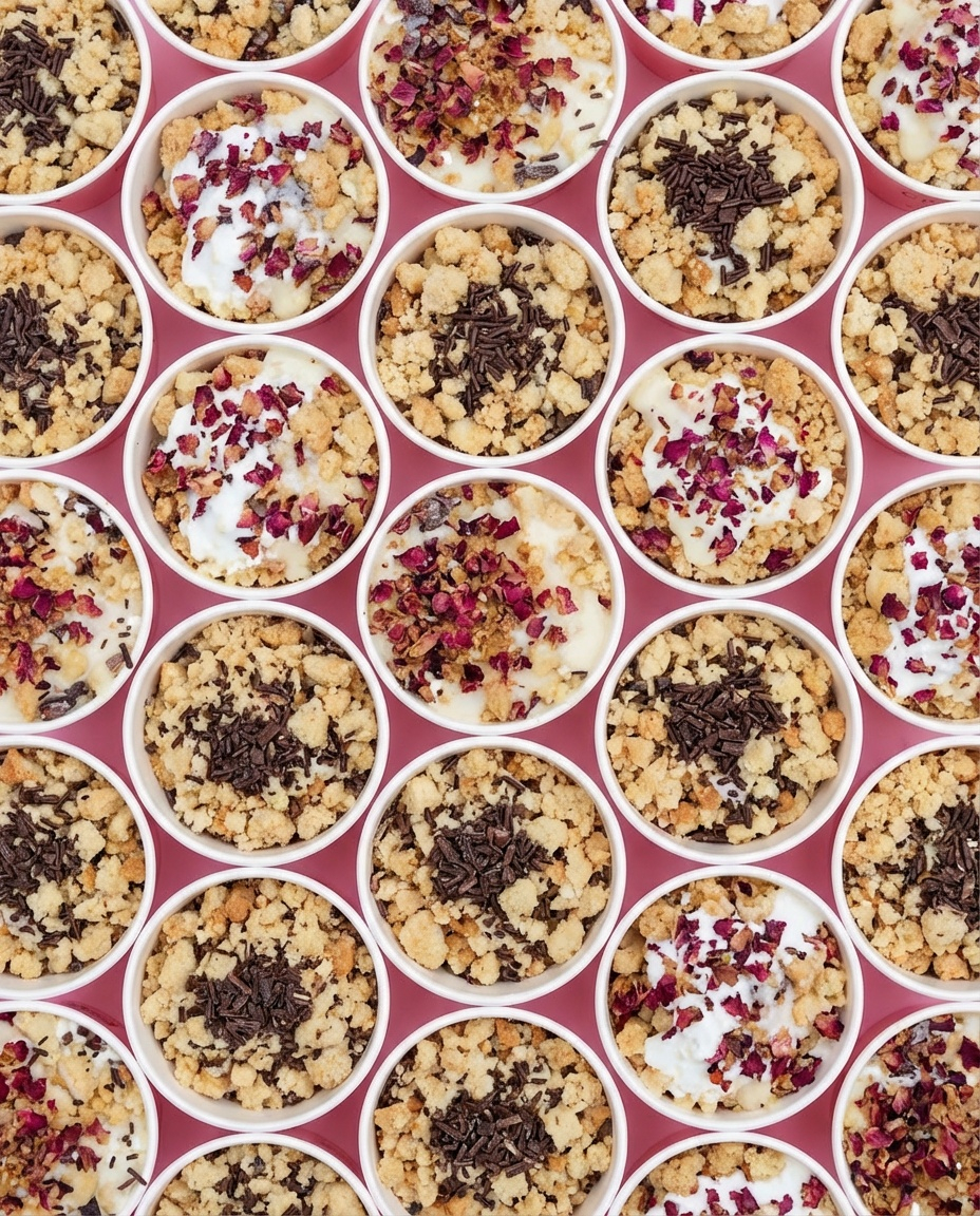 Top view of multiple cups filled with dessert topped with cream, chocolate sprinkles, rose petals, and crumbly toppings on a pink surface.