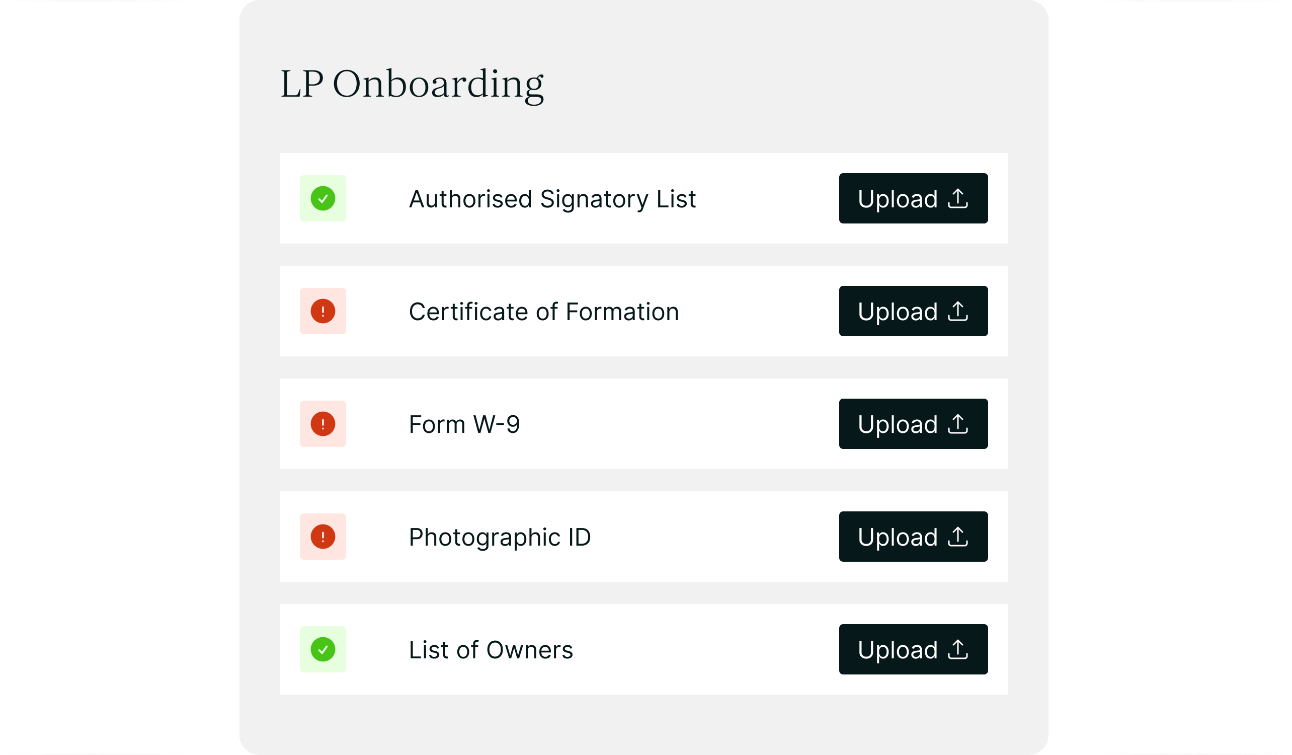 LP Onboarding screen showing five document items with upload buttons; two items have green check marks, and three have red warning icons.