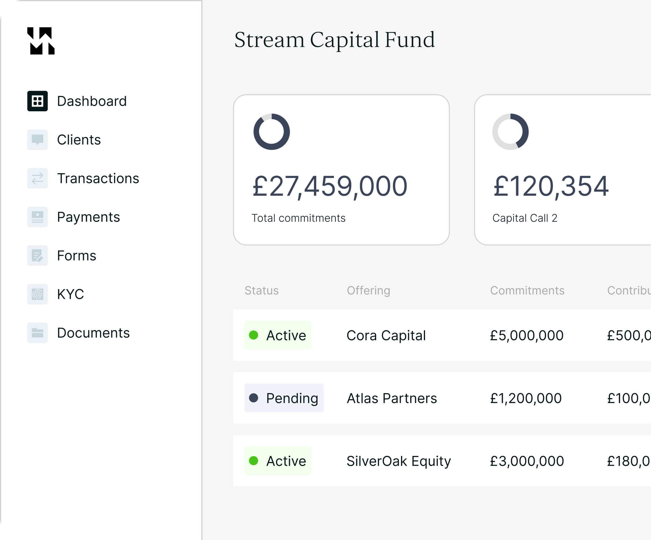 Stream Capital Fund dashboard showing total commitments of £27,459,000, Capital Call 2 amounting to £120,354, and a list of offerings with statuses Active or Pending and corresponding commitments and contributions.
