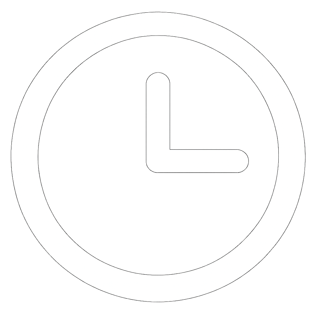 Simple white clock icon showing 3 o'clock on a black and gray blurred background.