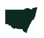 Silhouette map of the Australian state of New South Wales in dark green.