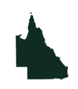 Silhouette map of the state of Queensland, Australia, in dark green.