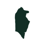 Silhouette of the country of Barbados in dark green on a white background.