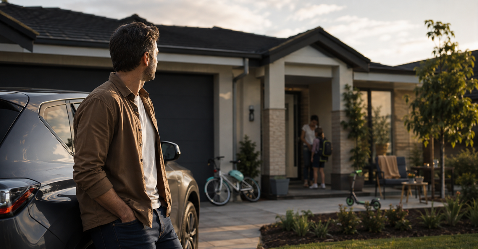 A man arriving home to his family at the end of the day
