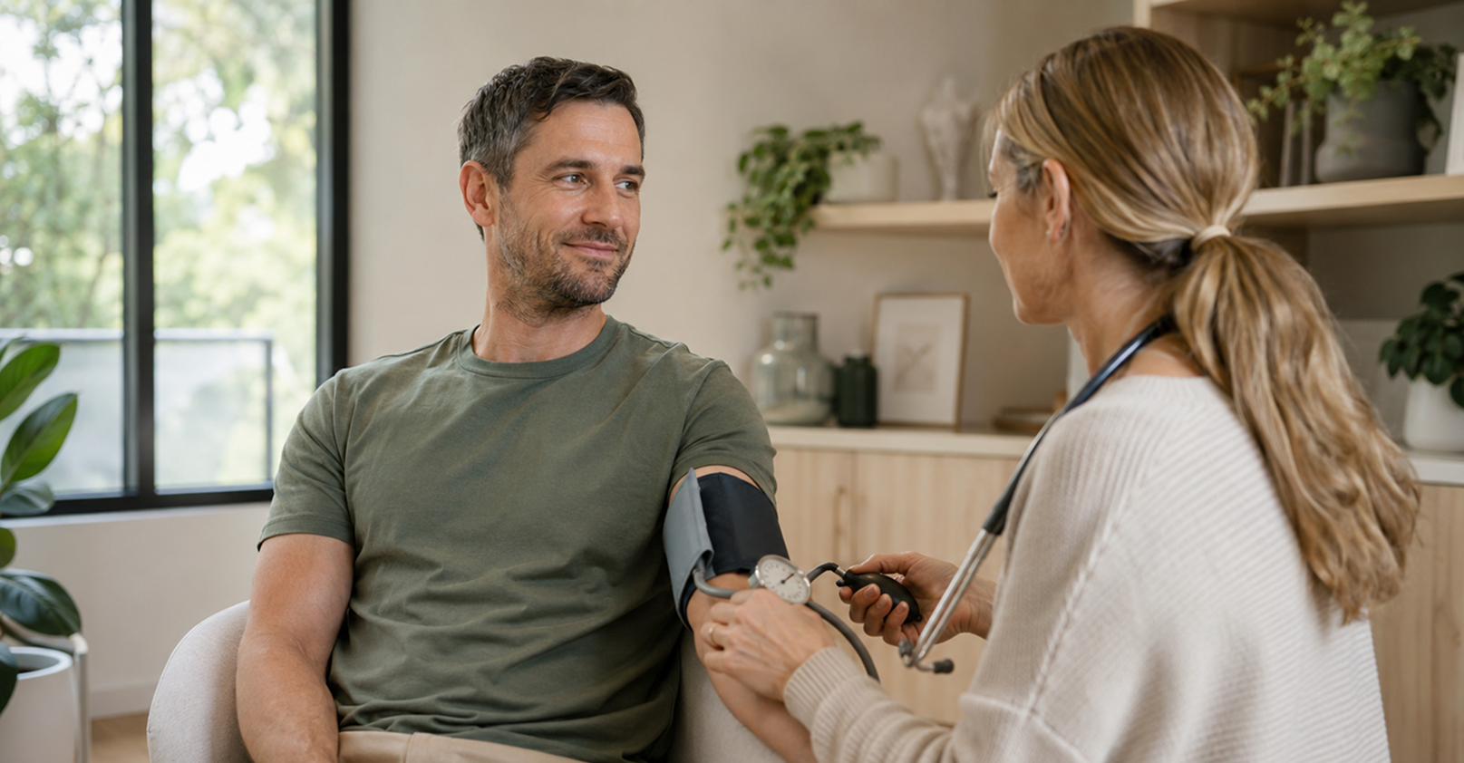 A nurse taking a blood pressure reading at a home visit