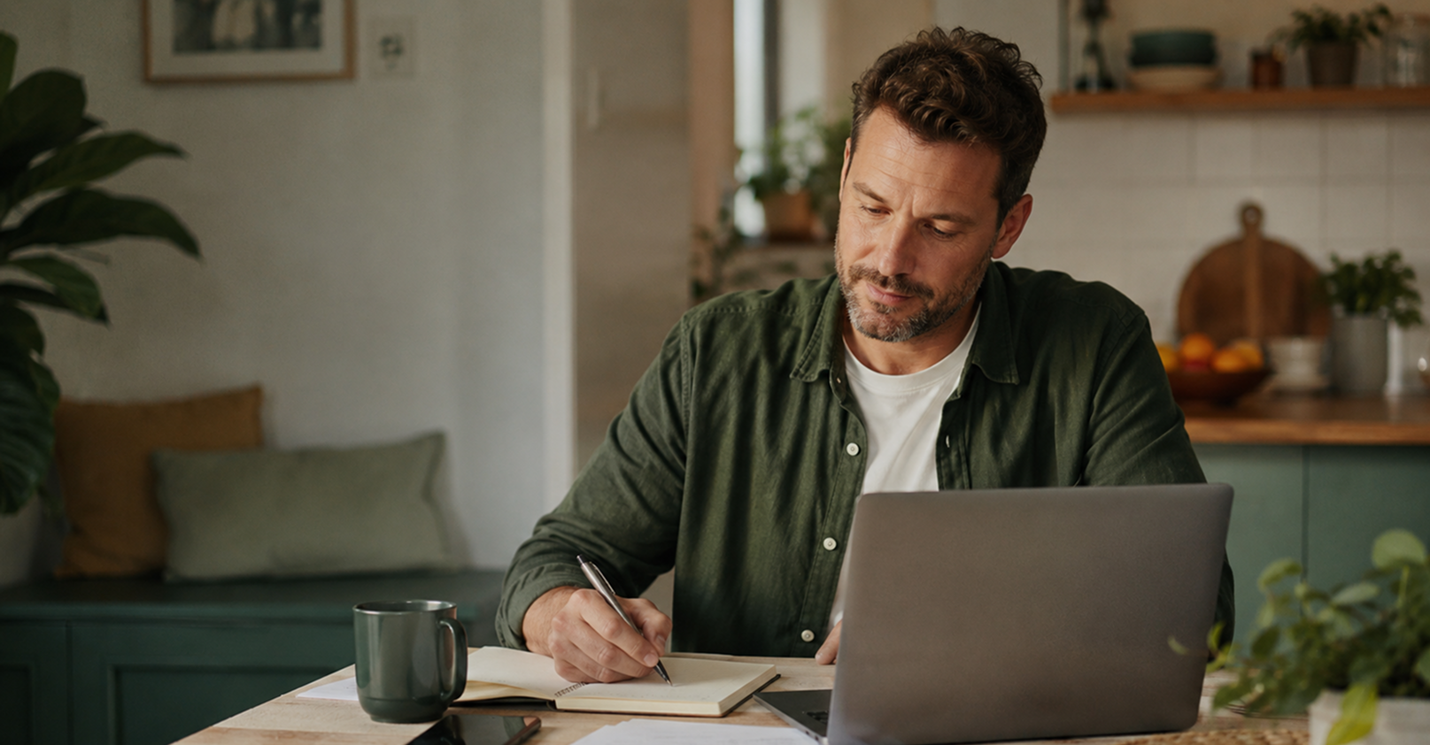 A man reviewing his super account at his kitchen table