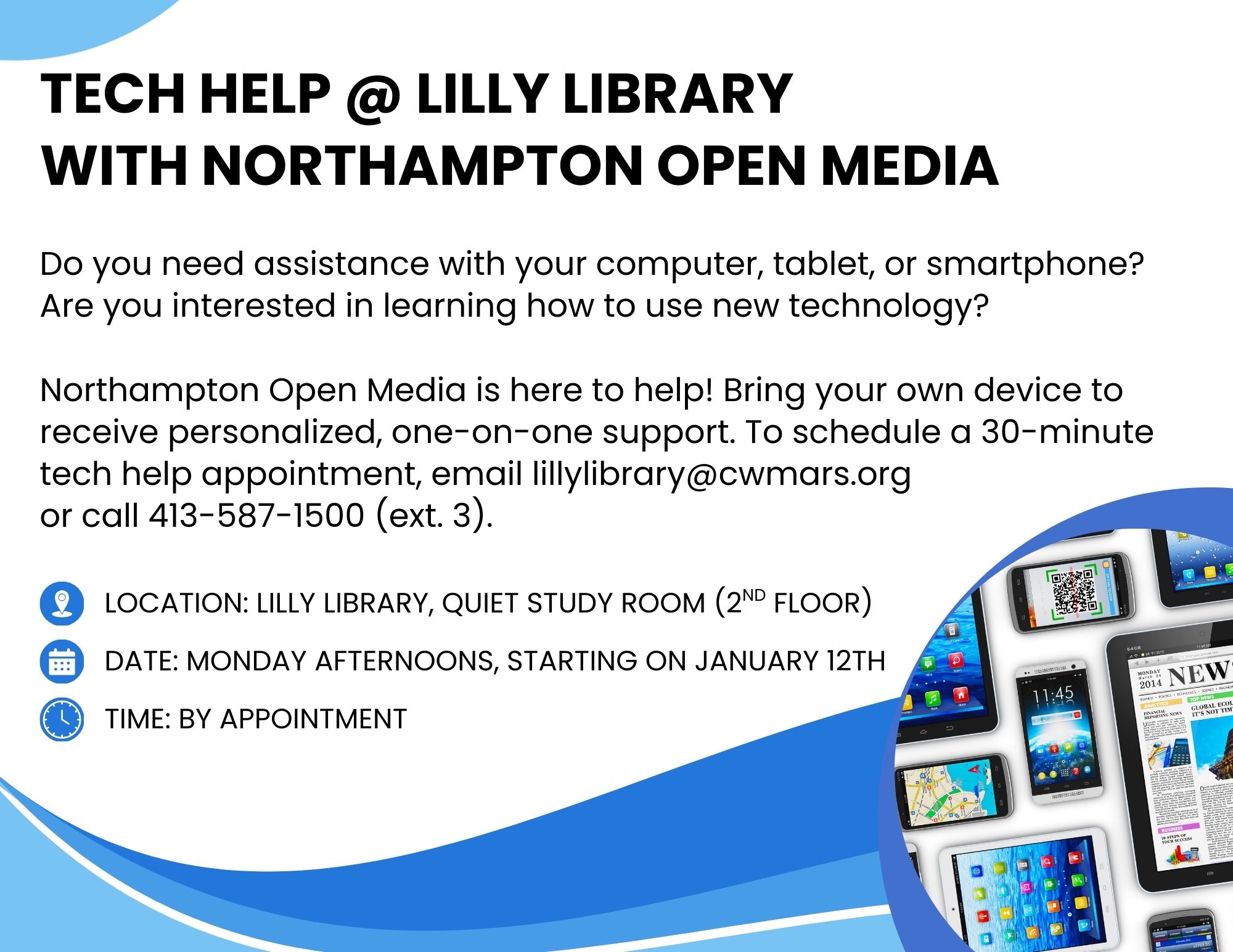 A banner advertising Tech Help @ Lilly LIbrary