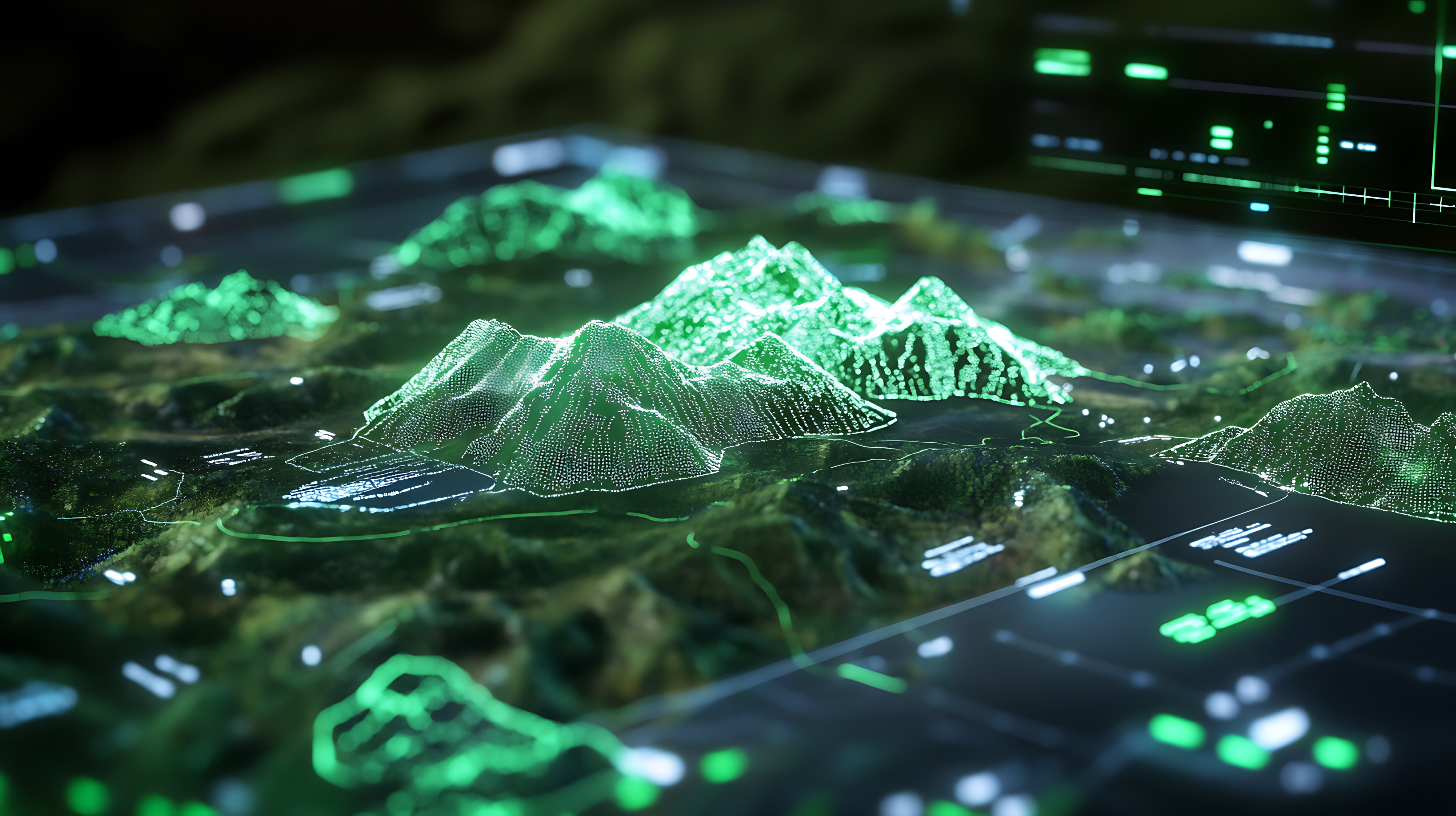 3D topographical map visualization representing location intelligence and geospatial data