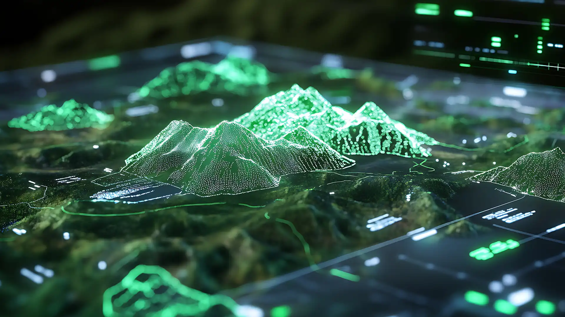 3D topographical map visualization representing location intelligence and geospatial data