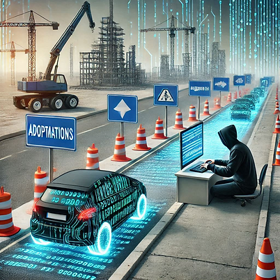 A road under construction with some signals indicating adaptations for autonomous vehicles, showing a hacker manipulating code behind a computer, representing cybersecurity. 