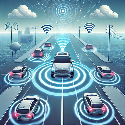 A graphical representation of an autonomous vehicle on a road.