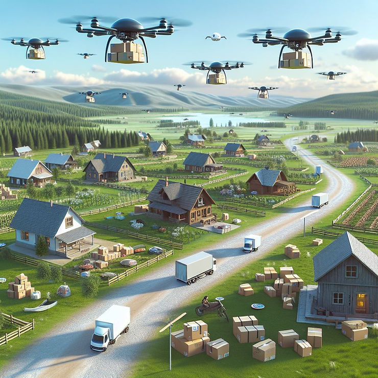 Drones delivering packages in a rural area.