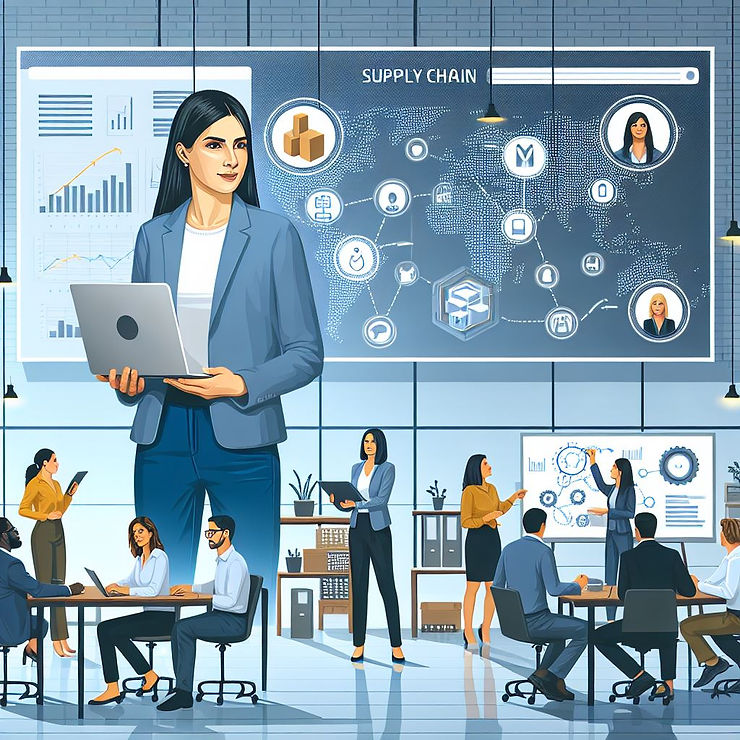 Business setting with diverse professionals using laptops and devices. "Supply Chain" on screen with network graphics. Modern, collaborative vibe.