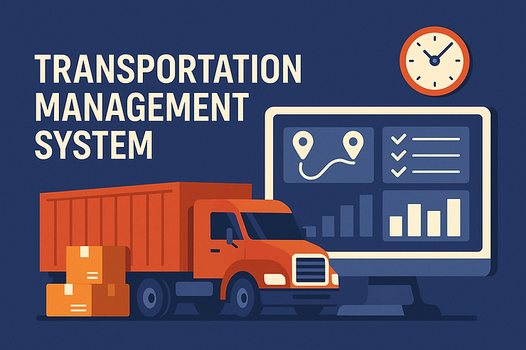 A flat-style digital illustration showing a red-orange semi-truck, a logistics dashboard, shipping boxes, and a clock, representing a Transportation Management System (TMS) in action against a deep blue background.