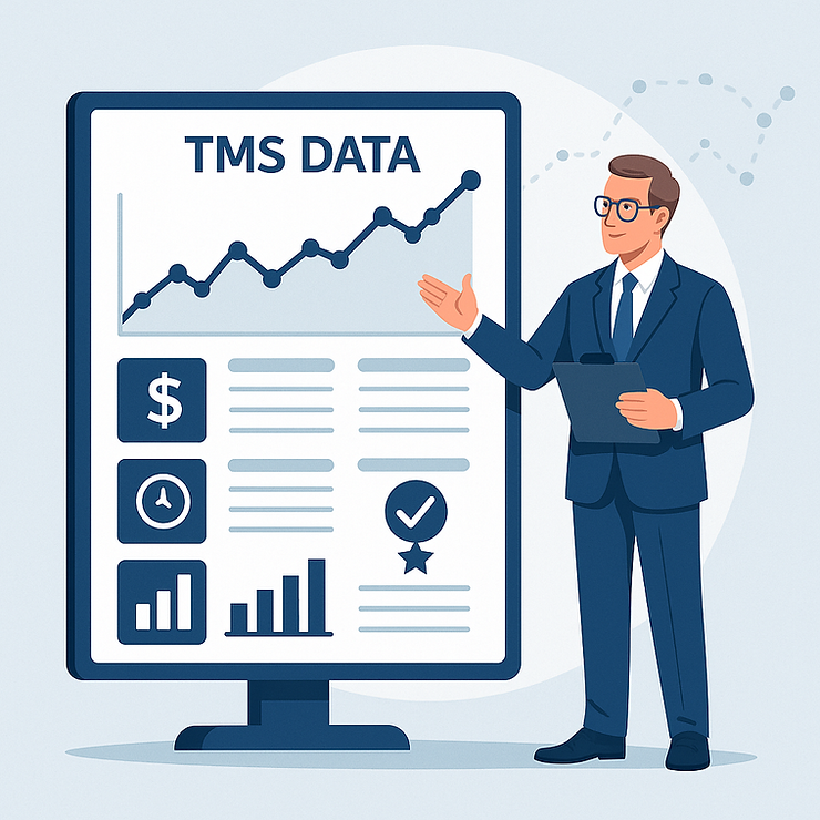 A business professional in a navy suit analyzes a digital dashboard with data visualizations related to transportation metrics, symbolizing how TMS data supports strategic decision-making.