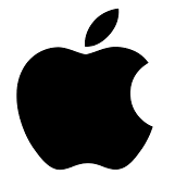 Apple company logo featuring a stylized apple with a bite taken out of the right side and a leaf on top.