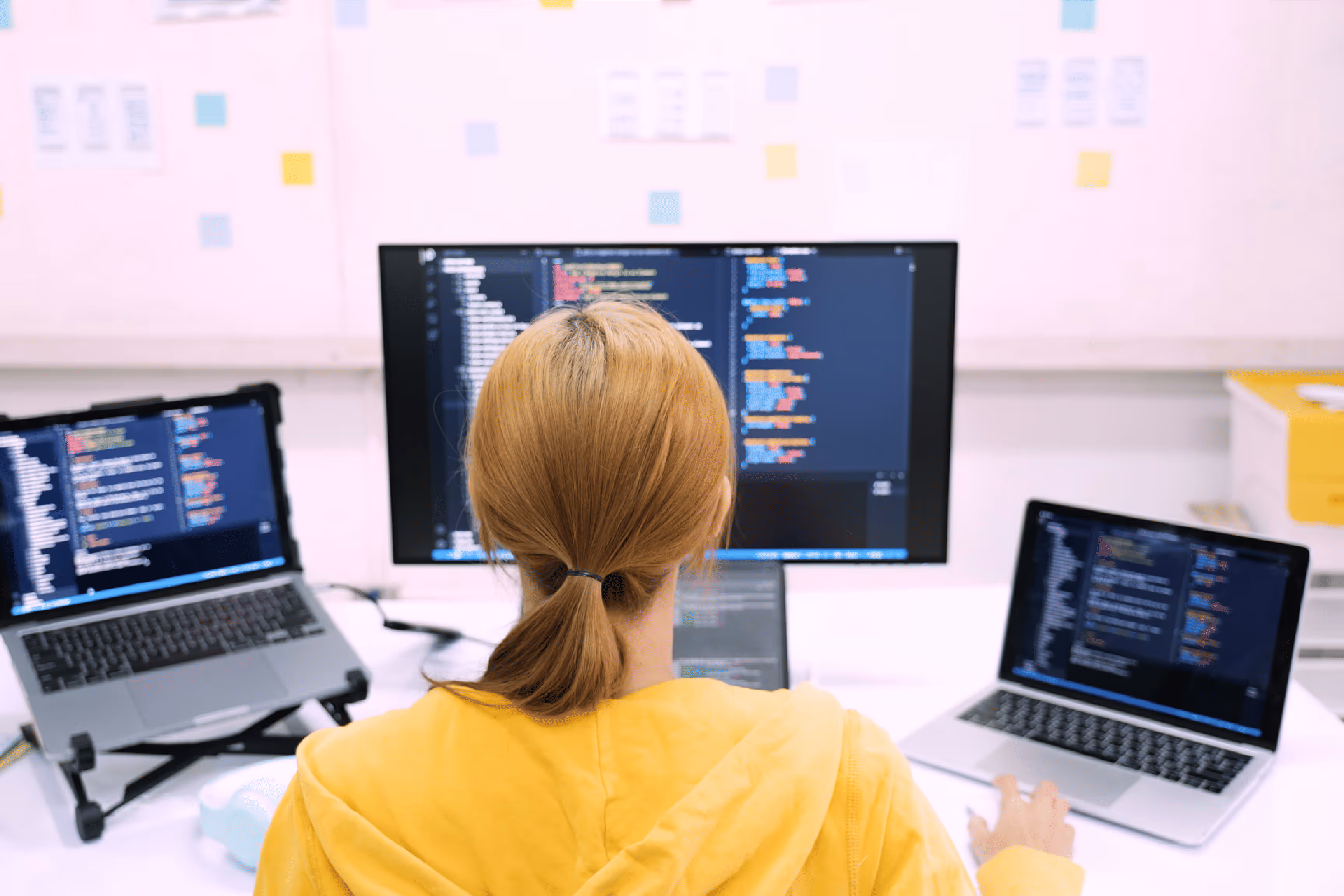 A woman coding on a computer with three monitors