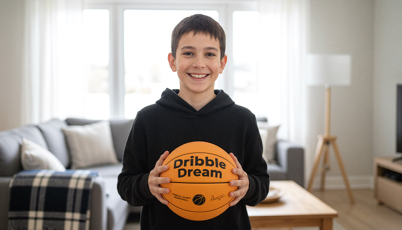 Happy child playing basketball actively while tablet sits forgotten in background