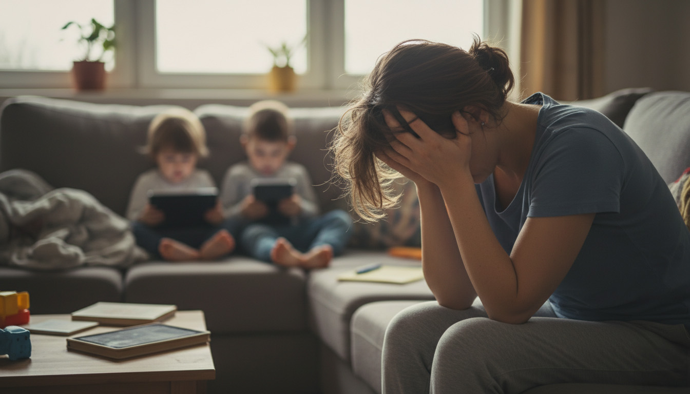 Exhausted mother worried about children's excessive screen time at home
