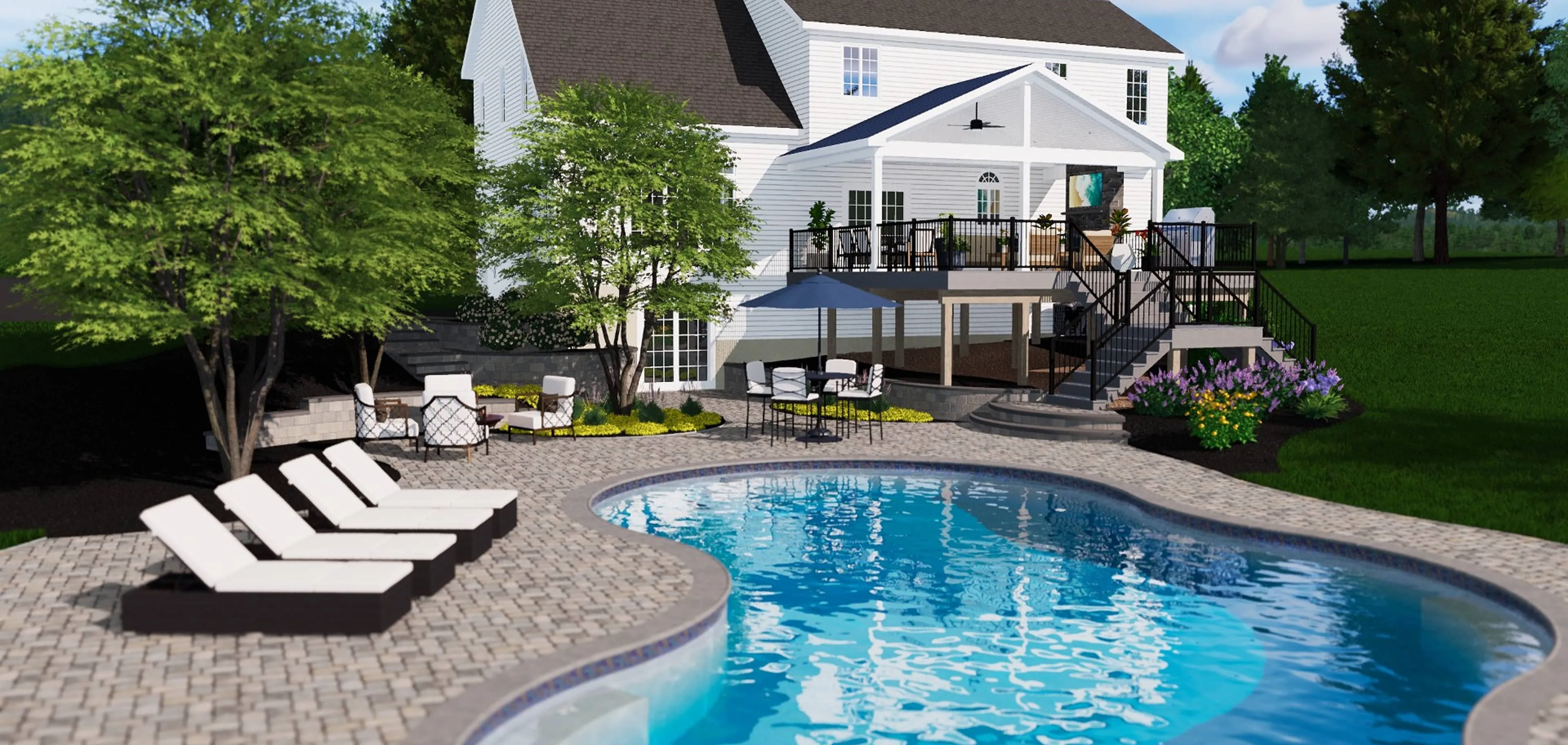 A backyard features a curved swimming pool, lounge chairs, patio seating, and a white two-story house with an elevated deck and stairs, surrounded by trees and landscaping.