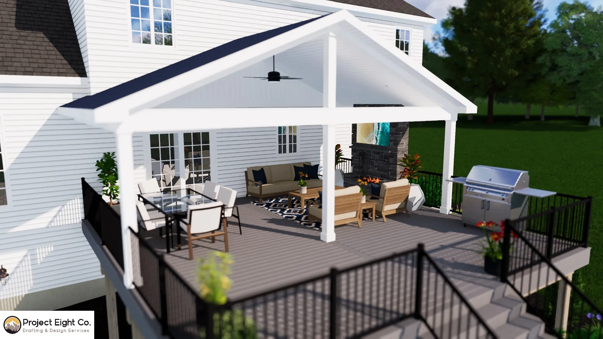 Large Hardscaped Patio with Raised Deck and Inground Swimming Pool Design