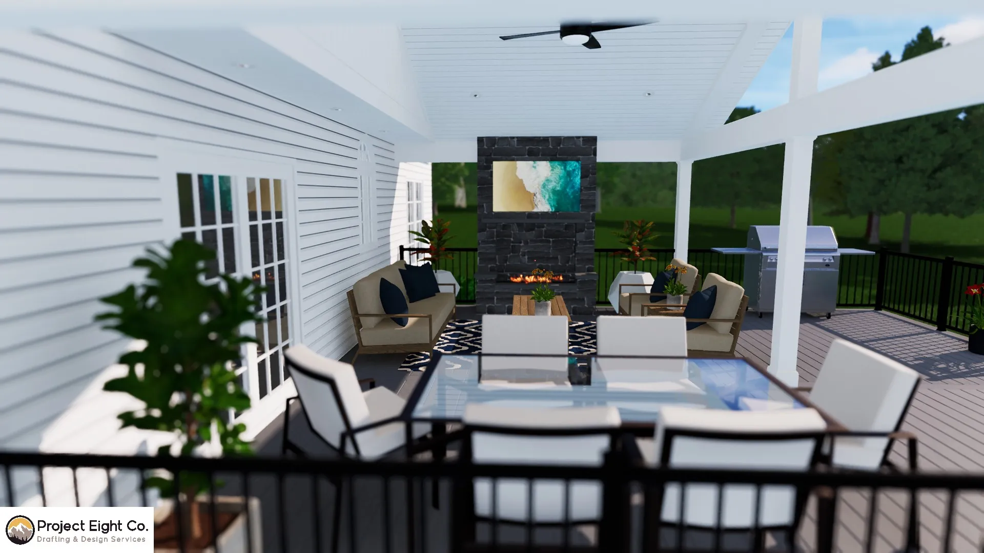 Large Hardscaped Patio with Raised Deck and Inground Swimming Pool Design