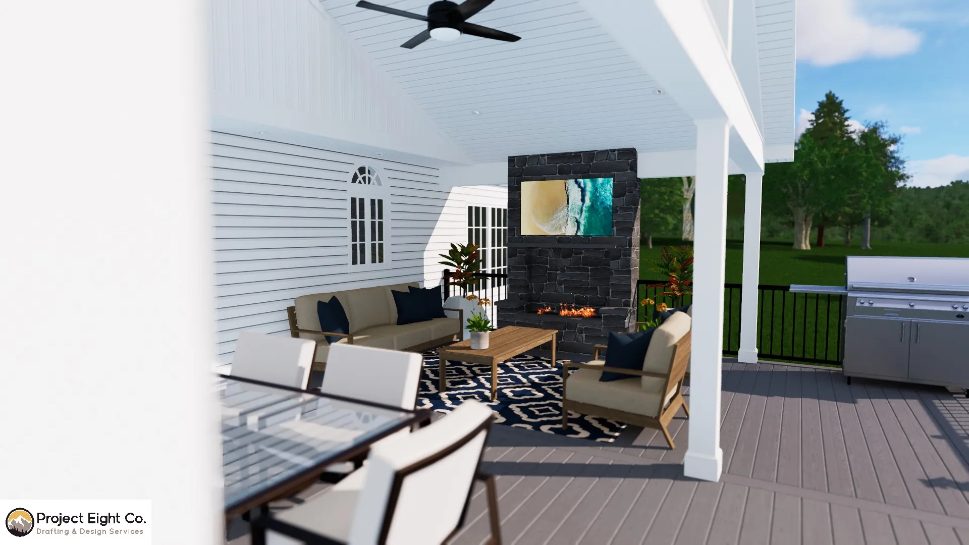 Large Hardscaped Patio with Raised Deck and Inground Swimming Pool Design