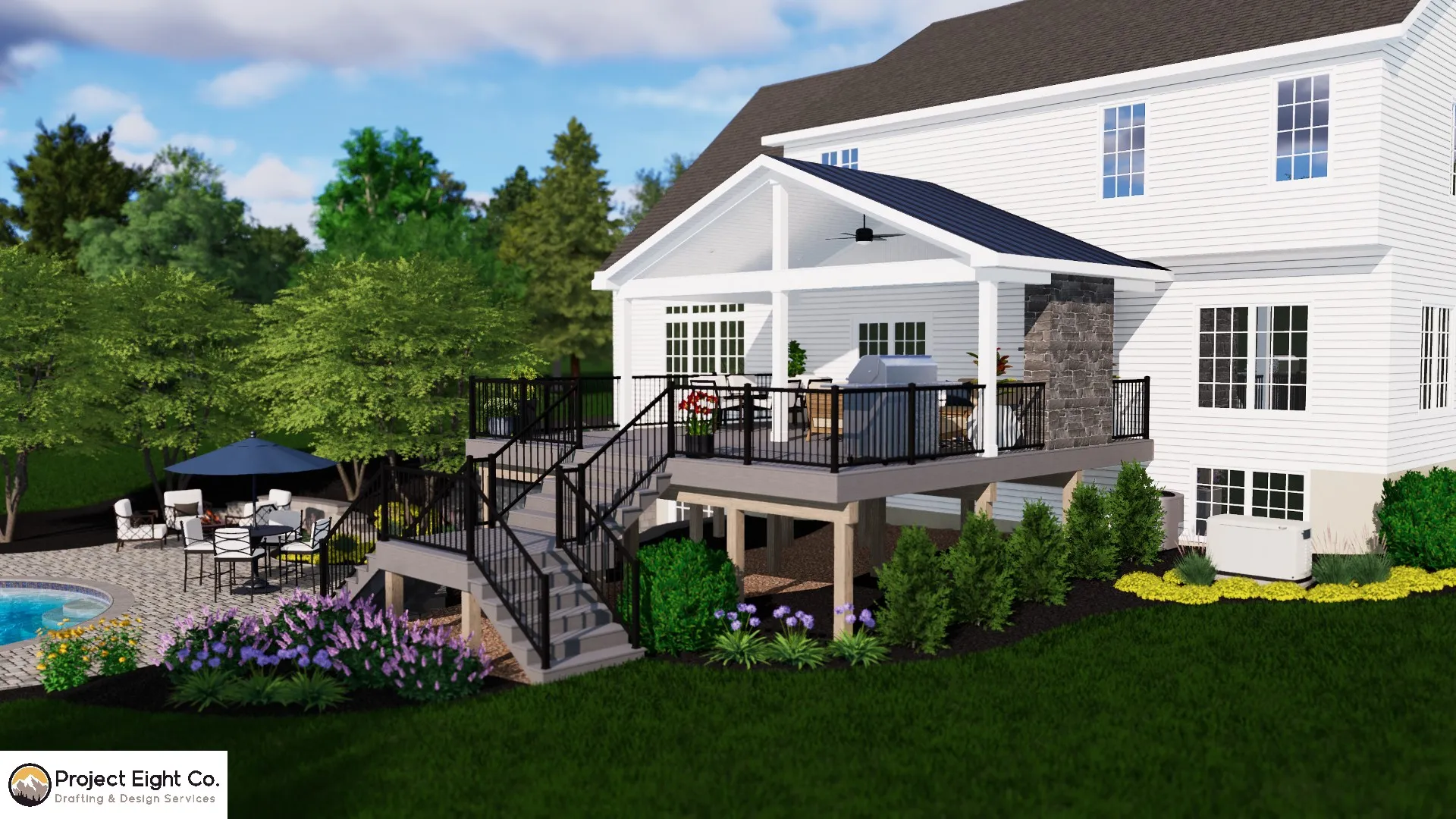 Large Hardscaped Patio with Raised Deck and Inground Swimming Pool Design