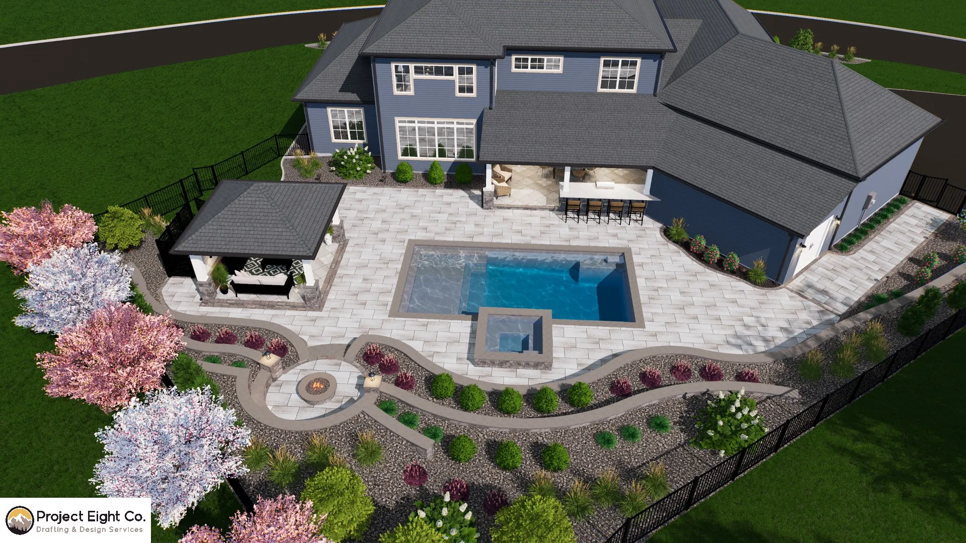 Tiered Backyard Patio with Pool and Multiple Covered Lounging Areas Design